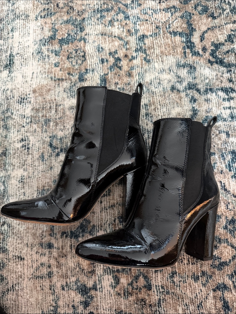 Vince Camuto Black Patent Leather Block Heel Chelsea Booties